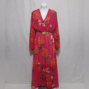 Boho Floral Chiffon Maxi Dress Long Sleeve Wrap V Neck Flowy Cottagecore XL